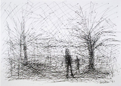 Zeichnung: zwei Menschen unter Bäumen